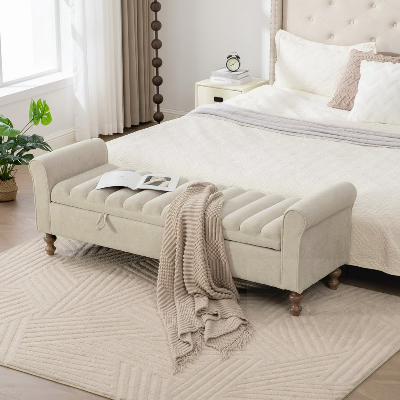 Upholstered Storage Bench With Rolled Armrest, Griege