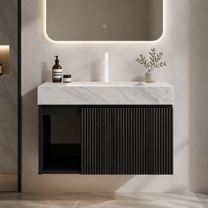 Lavabo de salle de bain flottant en céramique frittée de 30 po avec trou en céramique et 1 trou de robinet pré-percé