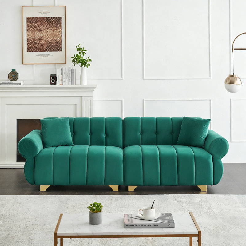 " modern 3-seater flannelette sofa | spring-wrapped cushions | stylish metal feet | 4 throw pillows | living room & bedroom