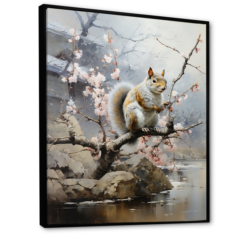 Écureuil sur fleur de cerisier rose 1 - Écureuil, art mural animal, Cadre flottant noir, H 40 po x l 30 po x P 1,5 po