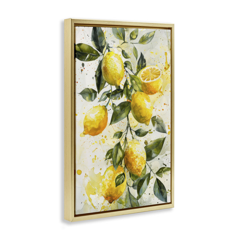  Lemon Watercolor Splashes Canvas by LSR Design Studio, H 25 po x l 17 po, Cadre flottant métallique doré
