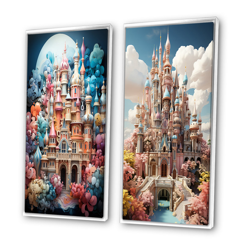 «Castles Whimsical Wonder Pastel I», 2 pièces, Cadre blanc, H 40 po x l 40 po