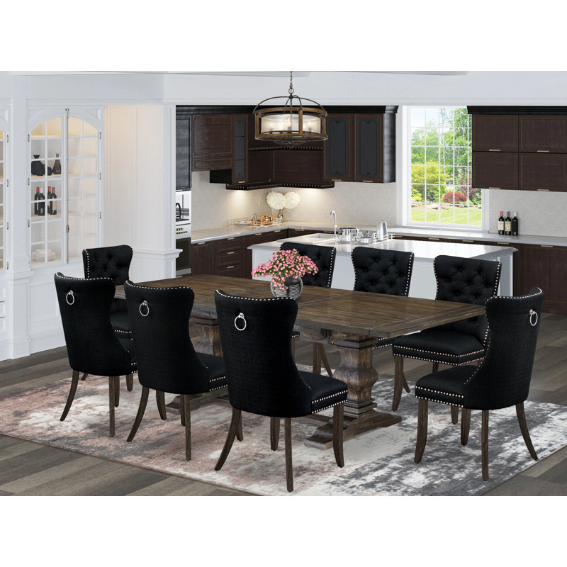 Distressed Jacobean Acacia Wood 9-Piece Dining Set with Black Upholstered Chairs