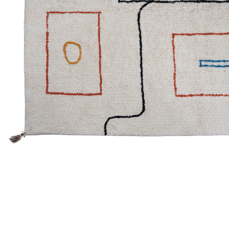 Tapis touffeté en coton délavé à la pierre avec motif abstrait et pampilles