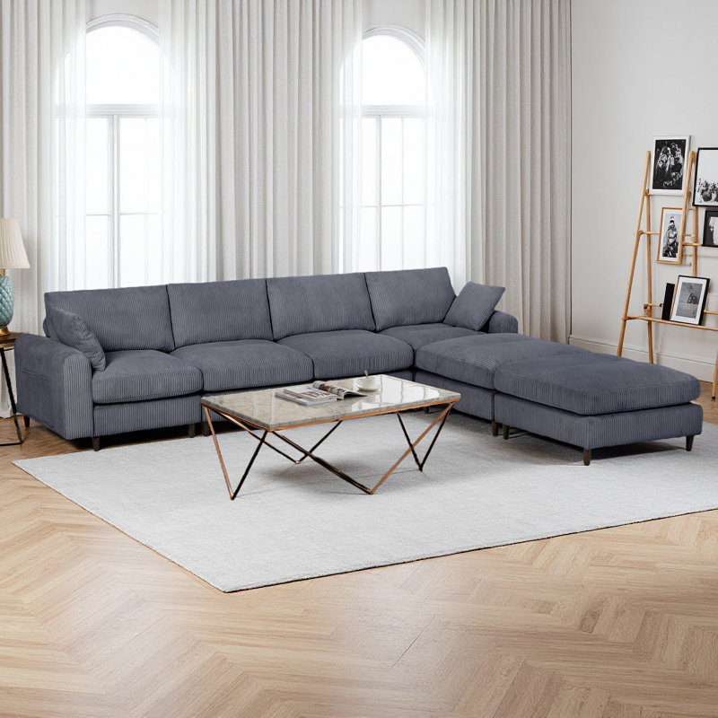 Modern Corduroy Modular Section Sofa, U-Shaped Convertible L-Shaped Sofa Set With Pillow, Oversized Sectional Sofa With Footstool