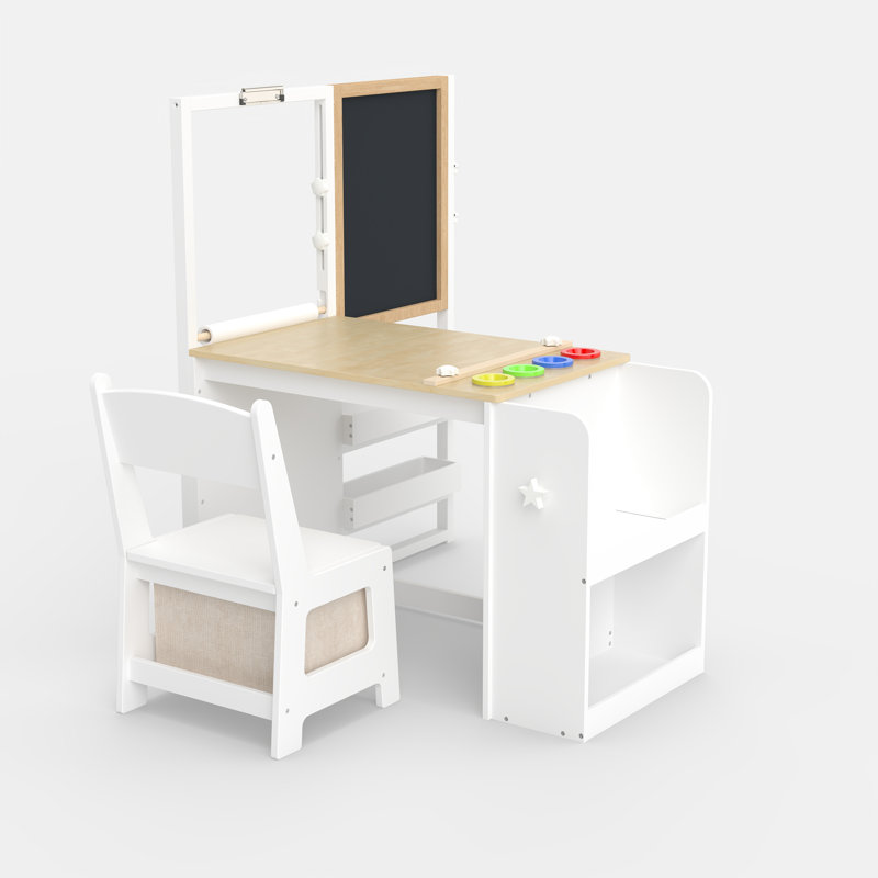 3-in-1 Kids Art Table And Chair Set With Double-sided Adjustable Easel, Storage Shelves, Paper Roll, Chalkboard And Whiteboard For Drawing, Craft, And Learning