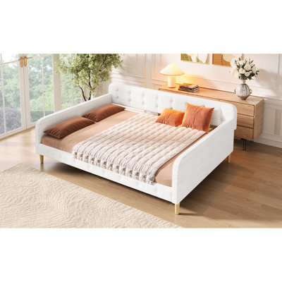 Lit de jour beige grand, rembourré en lin, 4 pieds, en bois massif, fonctionnel pour le jour et la nuit, facile à assembler, support de taille moderne, confortable, convient aux invités, aucun sommier requis