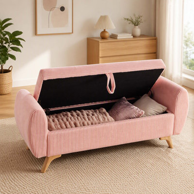 Banc moderne de 145 cm (57 po) en velours côtelé avec espace de rangement intégré, pattes en bois, rose, idéal pour les chambres et les couloirs.