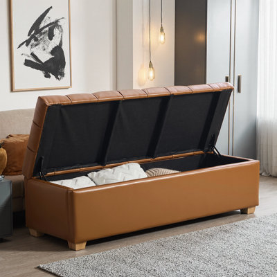 Varelia 60.2" Upholstered PU Storage Bench – Tufted Flip-Top Ottoman with Soft-Close Hinges, Gray – Rubberwood Legs, 300 lb Capacity – End-of-Bed Bench, Entryway Seating, Window Bench for Living Room, Bedroom, Dorm