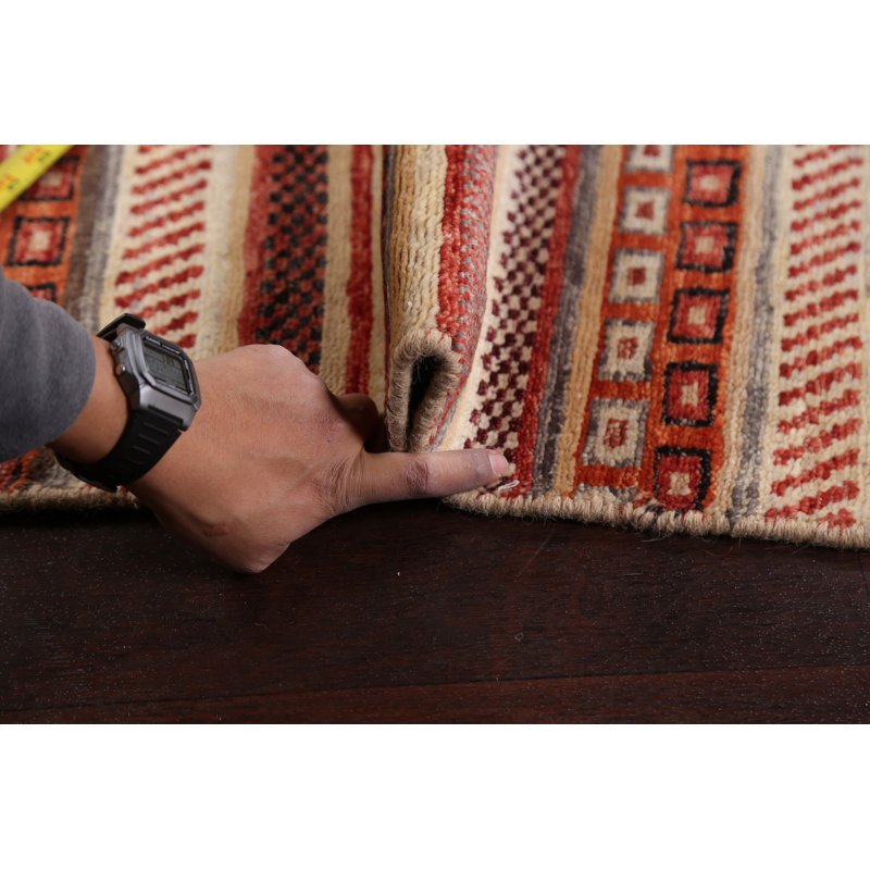 Tapis rouge / beige en laine noué à la main de conception unique 4 pi 2 po x 6 pi 2 po New Age