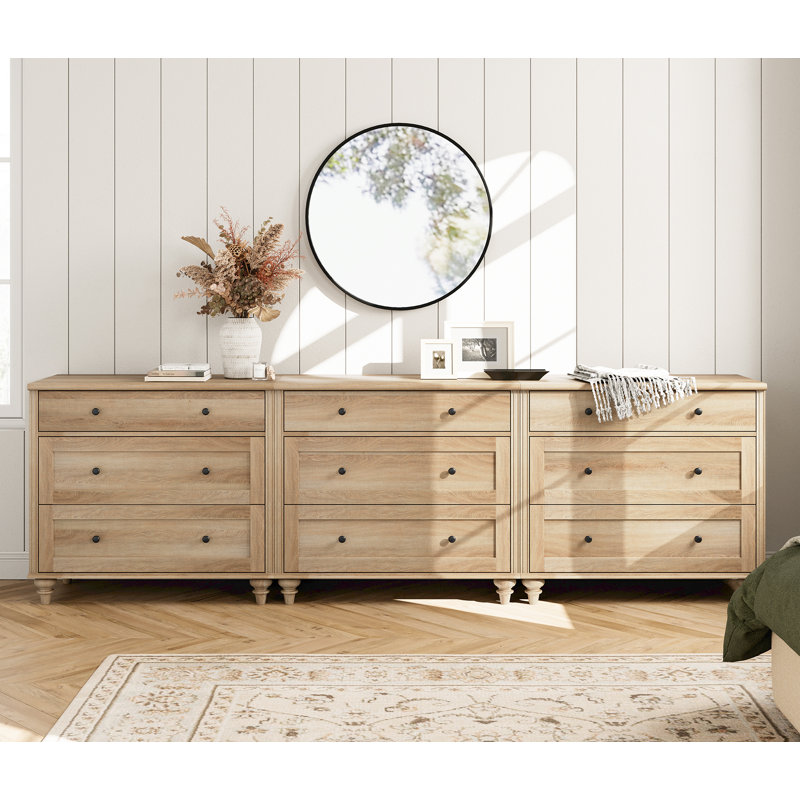 Scarlett 3-in-1 Dressers With 9 Wide Chest Of Drawers, Large Wood Dressers For Living Room, Nursery, Hallway, Oak