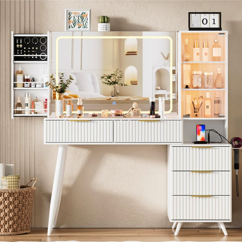 Bureau de coiffeuse, miroir et lumières, 11 tiroirs, plateau en verre, tabouret rembourré, table de maquillage pour chambre à coucher, femmes, habillage de coiffeuse réglable, blanc