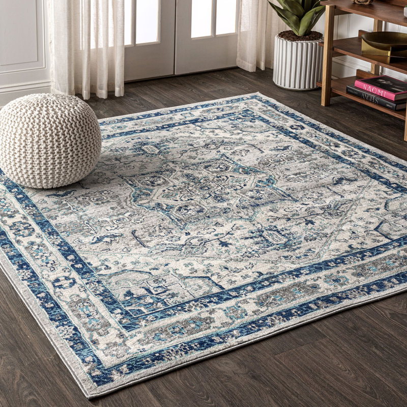 Lazaro Modern Persian Vintage Medallion Light Gray/Blue Rug, Square 7'9"