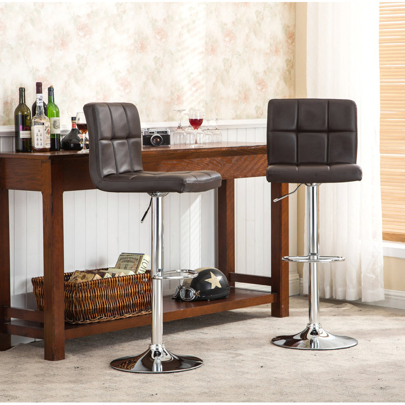 Swivel Faux Leather Adjustable Hydraulic Bar Stool, Set Of 2, Brown