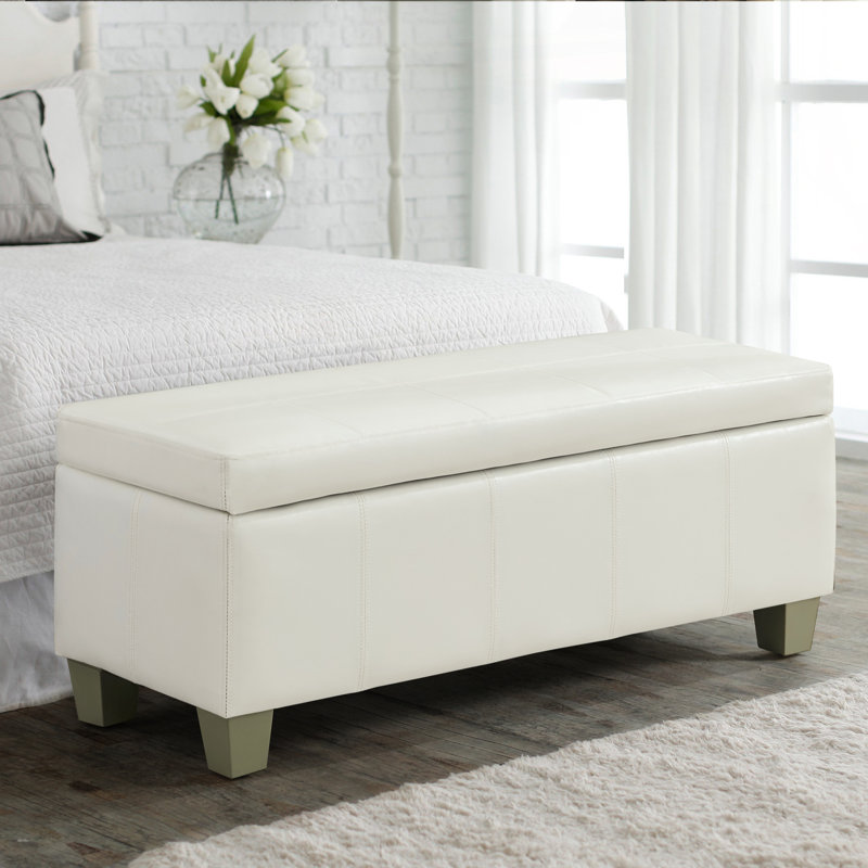 41" Wide Faux Leather Upholstered Storage Bench, White, 15.5" H x 41" W x 16.3" D