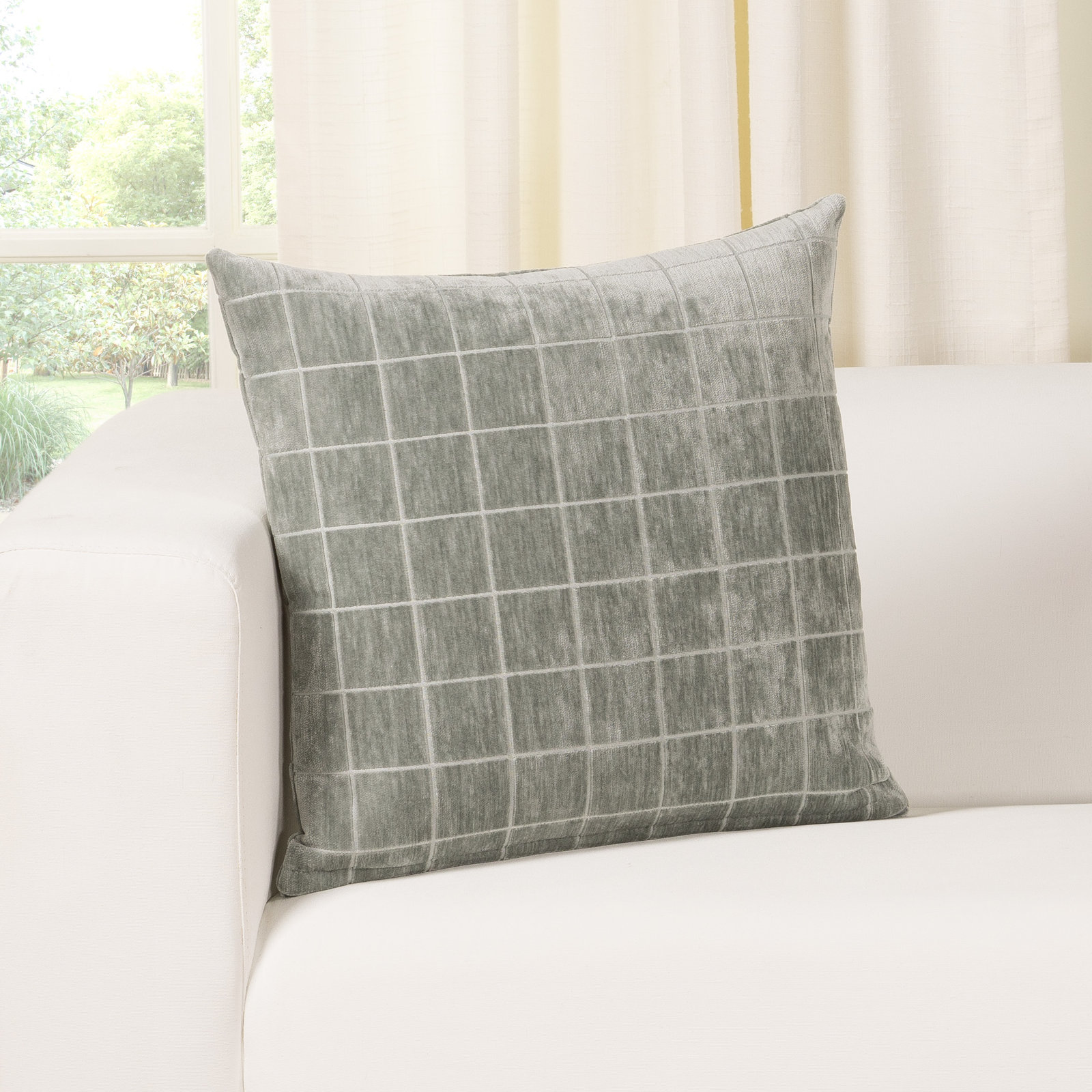 Otterville Velvet Grid Throw Pillow, Cement Geometric, Polyester, 18"H x 18"W