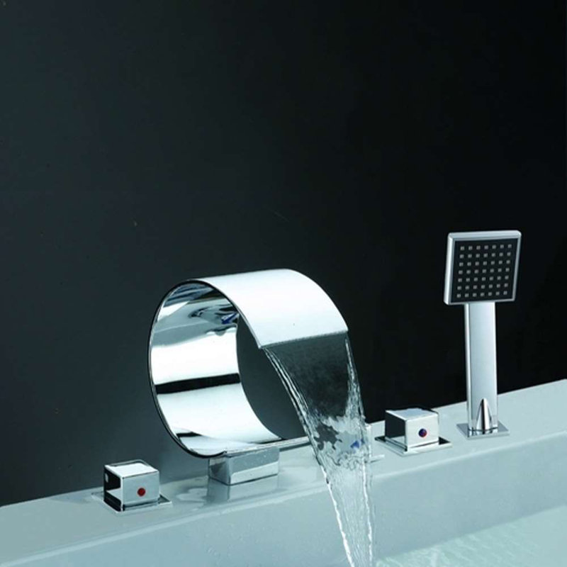 Contemporary Chrome Waterfall Bathtub Faucet with Handheld Shower – Triple Handle Deck-Mount