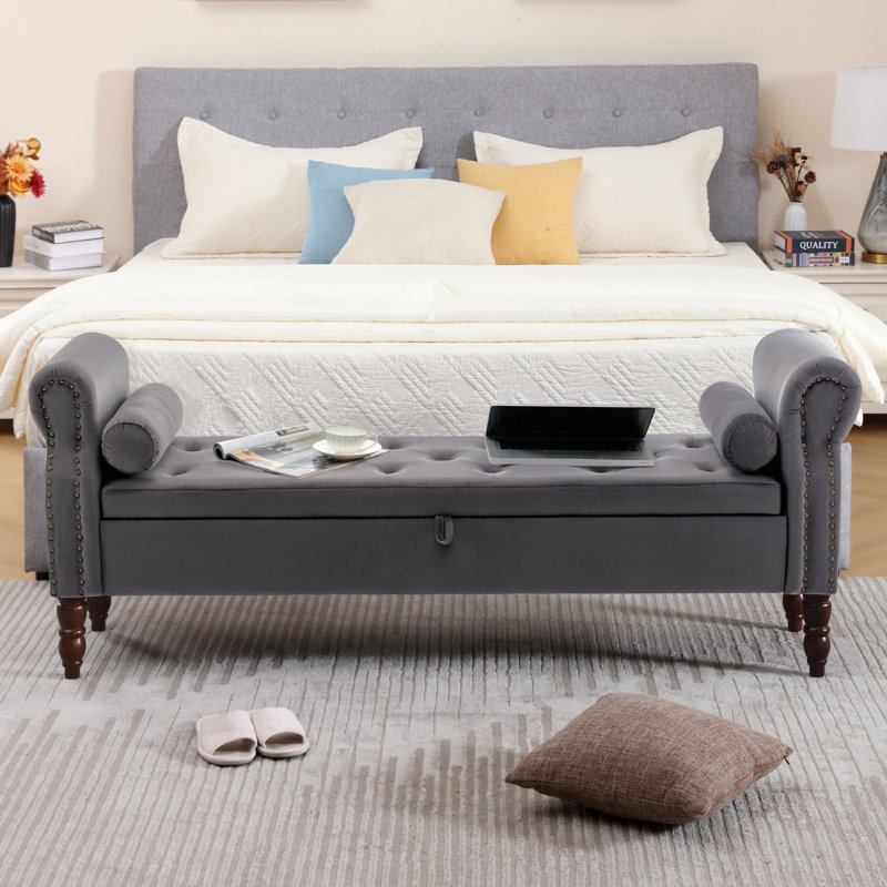 Minaal Velvet Upholstered with Arms Storage Bench, 26.4'' H X 66.9'' W X 16.9'' D, Dark Gray