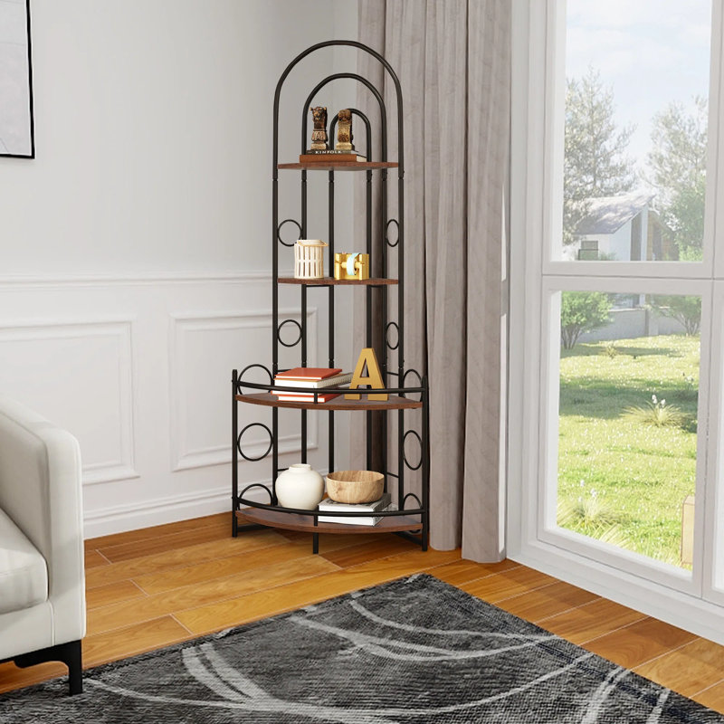 Bibliothèque de coin à 4 niveaux et support pour plante, tablette de coin arquée en métal thermolaqué, support de rangement polyvalent pour petits espaces, salle de bain et salon 