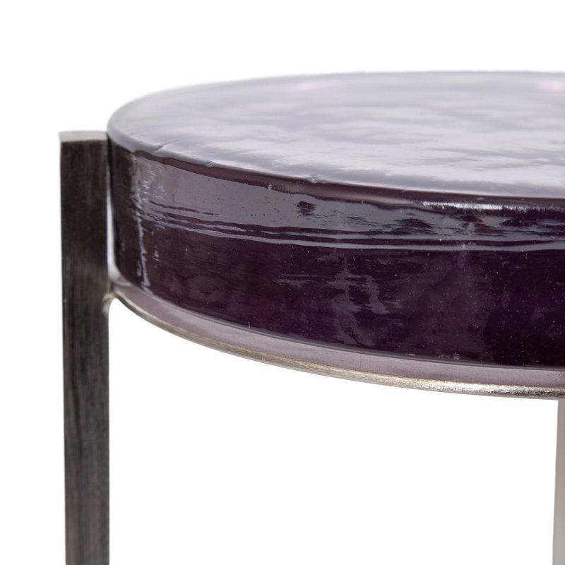 Eveland Round Metal Drink Table, Silver, Purple Glass