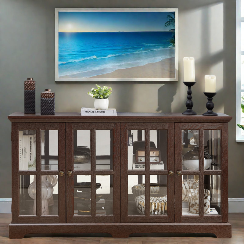 Antique Display Cabinet With 4 Glass Doors, Adjustable Shelves, Metal Handles And Led Light Strip, Oak