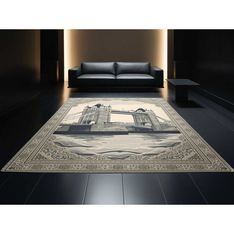 Machine Washable Orkan London Tower Bridge Traditional Oriental Rug in Beige – Gray Binding, 5x7