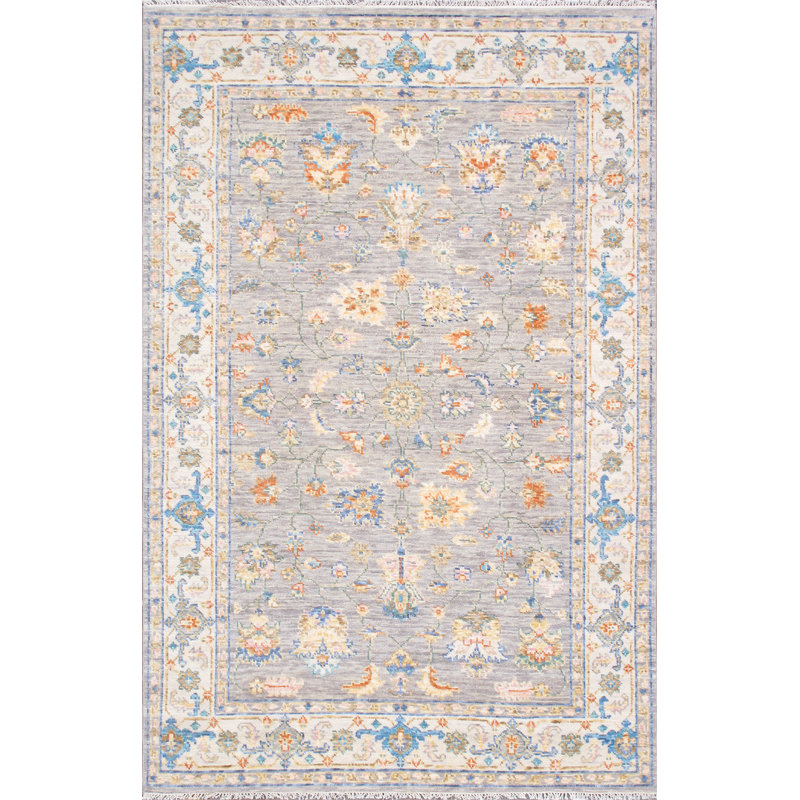 Gray Floral Hand-Knotted Wool 6' x 9' Area Rug