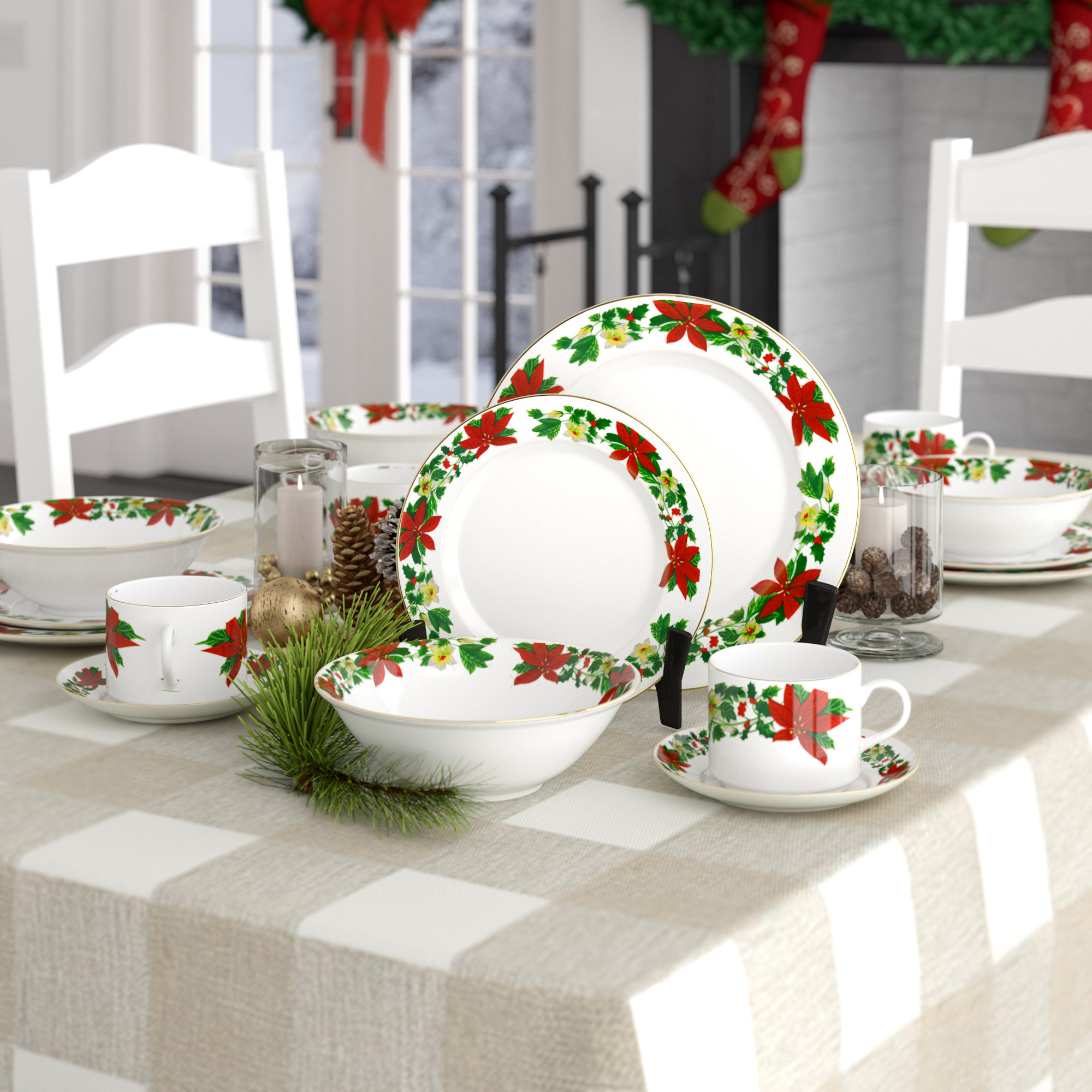 Christmas Toile Gibson Poinsettia Holiday Dinnerware Gibson