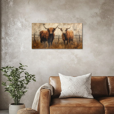 Extra Large Highland Cow Canvas Wall Art, Rustic Farmhouse Animal Painting, Serene Cattle Countryside Picture, Earth Tones Pastoral Artwork Wall Decor for Living Room Bedroom Office