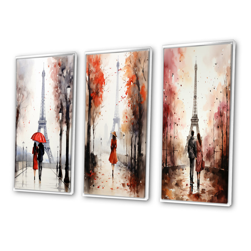 «Paris Couple In Love Vintage Eiffel Tower», 3 pièces sur toile, Cadre flottant blanc, H 28 po x l 36 po