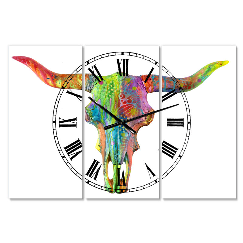 Horloge murale moderne 3 panneaux Longhorn Rainbow Skull
