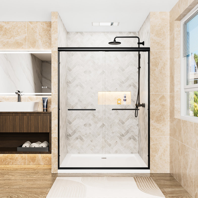72" H 54" W Double Sliding Shower Door, 1/4" (6mm) Clear Tempered Glass With -proof Film, Matte Black Aluminum Frame, Waterproof Design, Reversible Installation For Modern Bathroom High Wide Door