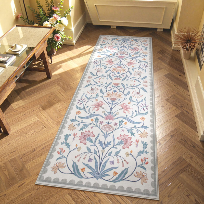  Boho Floral Washable Area Rugs for Living Room Non Slip Indoor Ultra-Thin Throw Room Carpe, Runner 2' x 6'