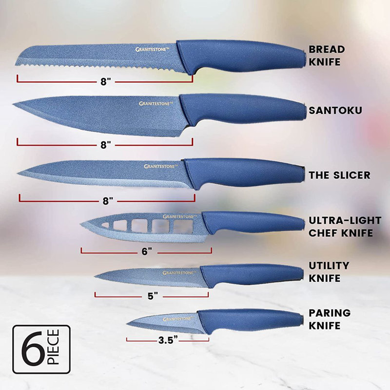 Granitestone Nutriblade 6 PC Knife Set, Professional Kitchen Chef’s Knives with Sharp Stainless Steel Blades and Nonstick Granite Coating