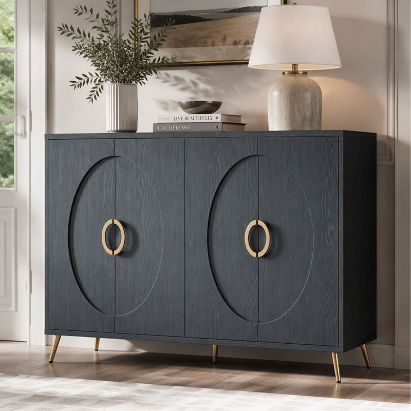 Buffet italien de luxe vert foncé de 152 cm (60 po) avec 4 portes et poignées dorées pour salle à manger
