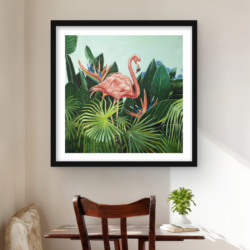 Flamant tropical - reproduction encadrée avec passe-partout pour la décoration intérieure, Noir