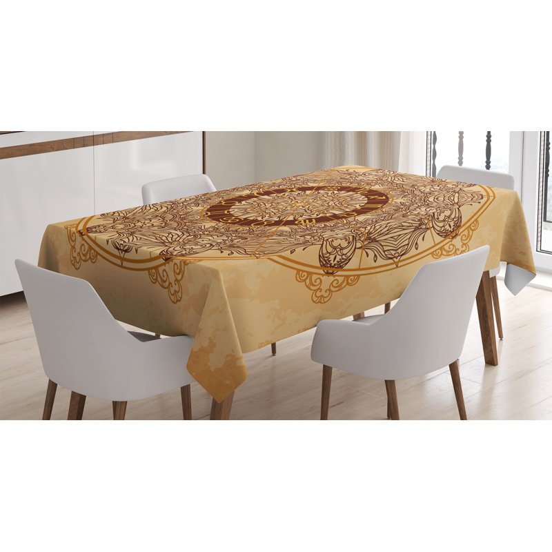 Zodiac Tablecloth, Vintage Ornamental Mandala Circle With Horoscope Signs On Aged Old Paper Background, Rectangular Table Cover For Dining Room Kitchen Decor, 52" X 70", Tan Brown