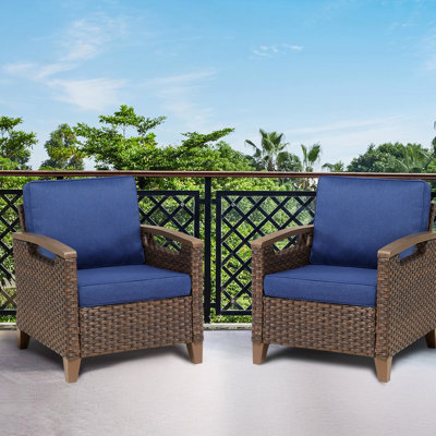 Brown Outdoor Lounge Chair With Blue Cushions, Ergonomic , All-weather , Reinforced Steel, High Sponge For Porch Cushioned Of 2, Half-circle Hollow Base, Steel Frame, 4" Thick Cushions Balcony
