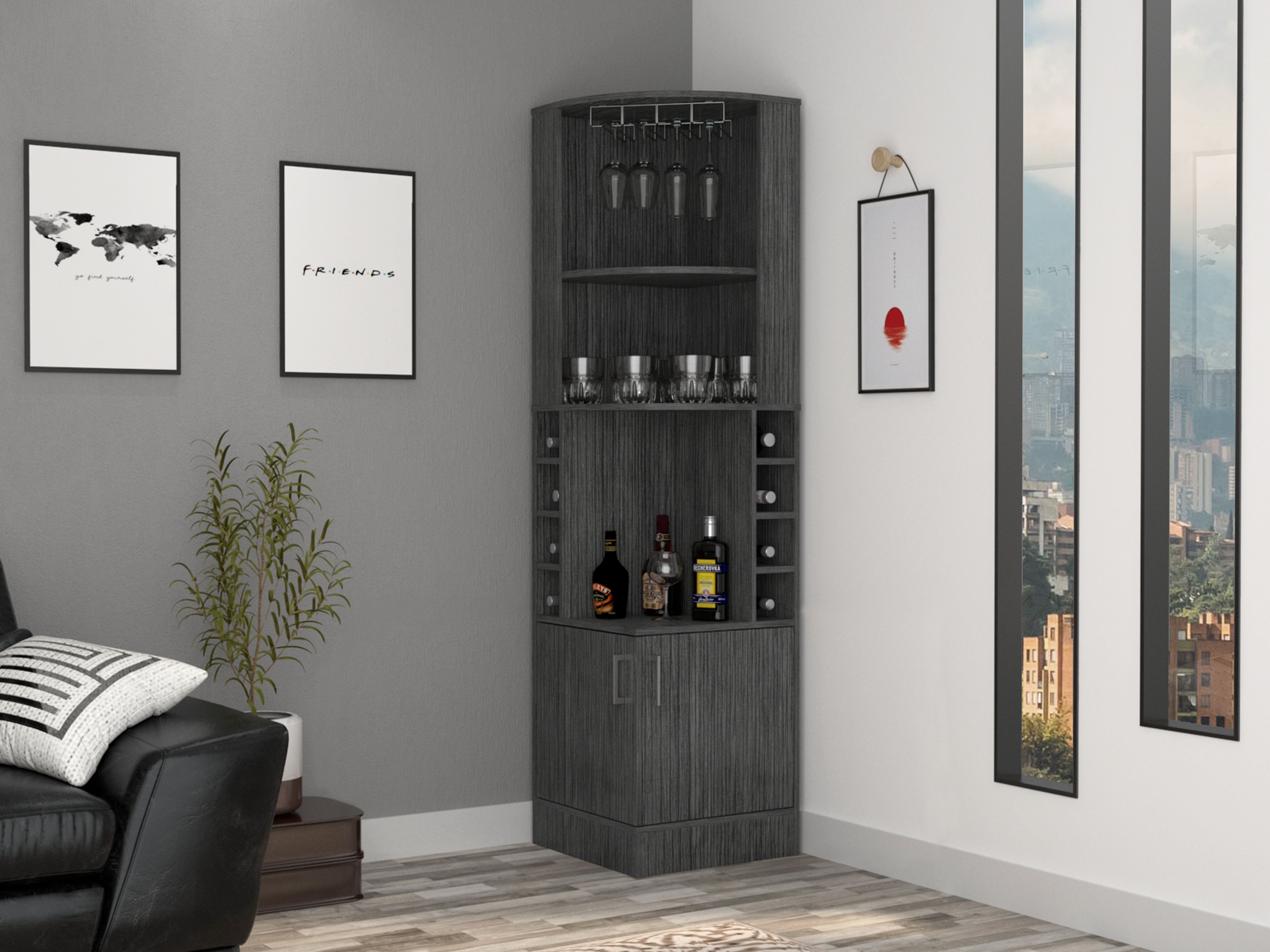 Ebern Designs Lollis Syrah Space Efficient Corner Bar Cabinet with 2-Doors & Reviews | Wayfair