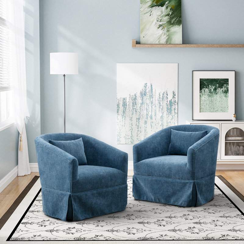 Blue Linen Swivel Barrel Chair Set with Lumbar Pillow