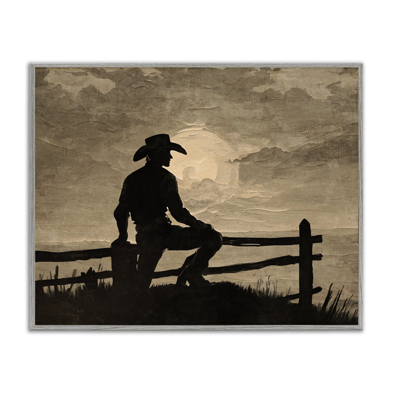 «Sunset Cowboy Fence Silhouette», estampe numérique, conception de Kim Allen, H 24 po x l 30 po, Estampe numérique Farmhouse
