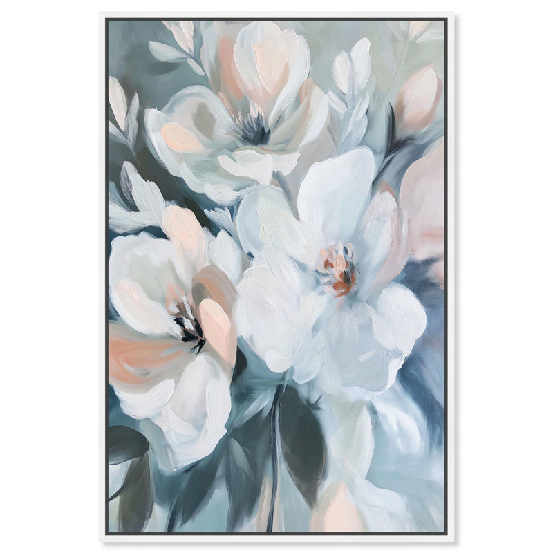 Art floral luxueux sur toile délicate, Cadre blanc, H 16 po x l 11 po