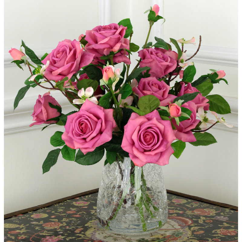 Roses In Crackle Vase - 17 Inches, Blush