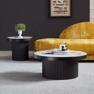 Set Of 2 Coffee Table, Round Coffee Table With Sintered Stone Tabletop