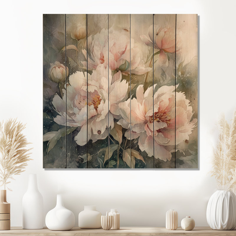 Danixa, pivoines roses et vertes sur une branche II, H 35 po x l 35 po x P 0,78 po