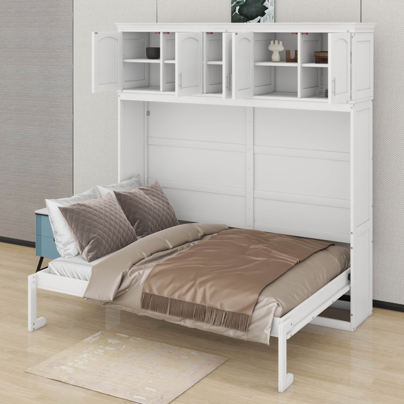 Grand lit escamotable en bois massif avec armoires Queen, Blanc