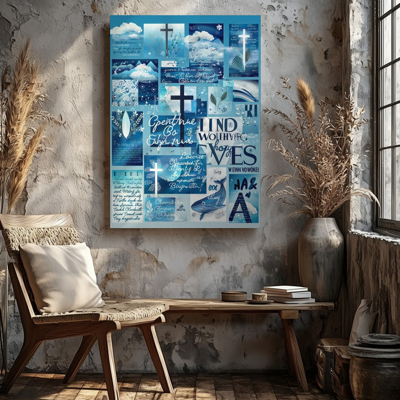 La toile crée un collage visuellement captivant avec une palette d'art de couleur bleue sereine incorporant diverses textures et art mural sur toile