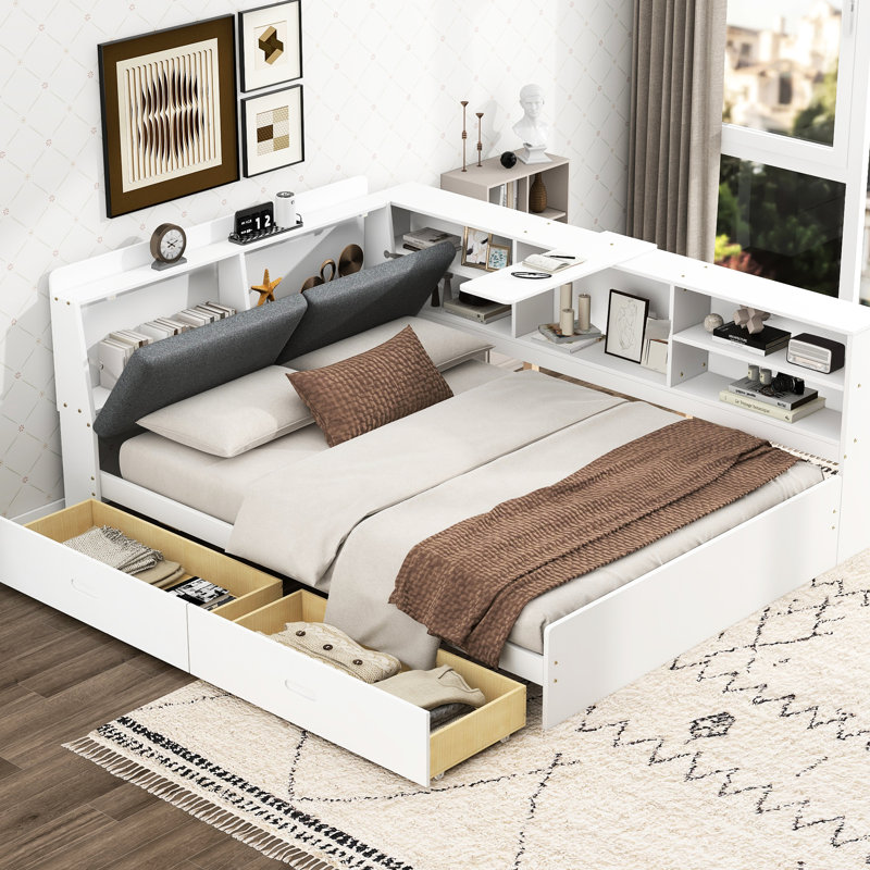 Structure de lit double blanche avec tête de lit avec rangement, 2 tiroirs, et en bois de pin +, tablettes intégrées faciles à monter, capacité de charge élevée et rembourrée