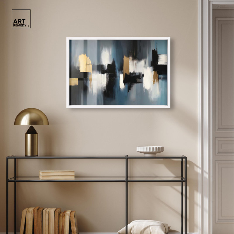 Art mural bleu dans une boîte-cadre à l'intérieur «Blues» par Art Remedy, H 21 po x l 31 po, Blanc