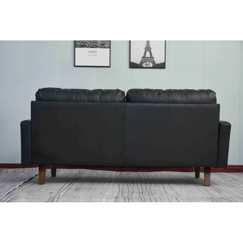 Black Faux Leather 2-Piece Sofa and Loveseat Set with Wooden Legs